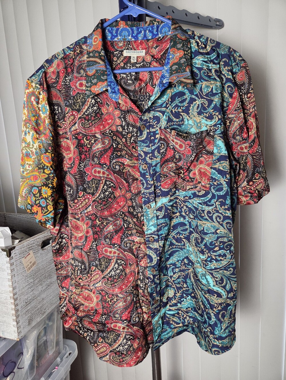 Earthbound Trading Co Boho Sari Camp Shirt Short Sleeve Paisley Patchwork XL